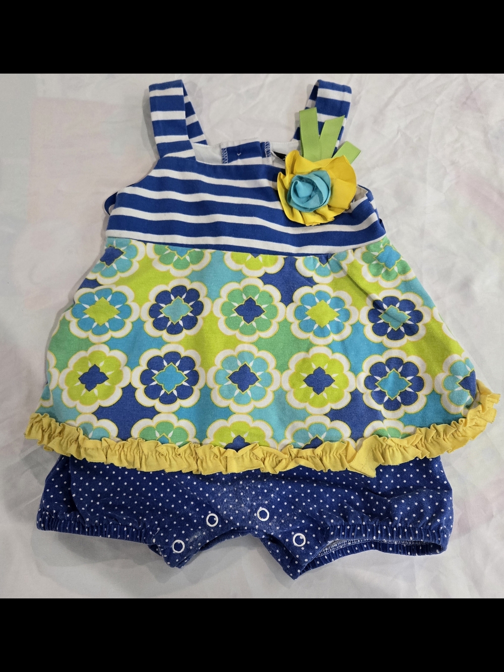 Rare Editions Blue, Yellow & Green Floral Bubble Romper